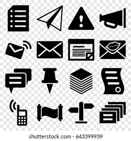 Message icons set. set of 16 message filled icons such as paper airplane, love letter, pin, paper, mail, bill of house sell, warning, plan, megaphone, direction, phone