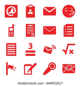Message icons set. set of 16 message filled icons such as sleeping emot, 3 allowed, love letter, notebook, megaphone, document, phone, at email, paper, bill of house