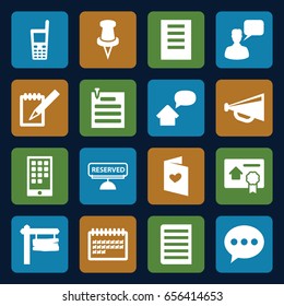 Message icons set. set of 16 message filled icons such as chatting man, megaphone, direction board, calendar, love letter, old phone, pin, notebook, document, paper pin