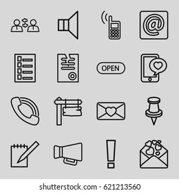Message icons set. set of 16 message outline icons such as document, paper, direction board, love letter, phone with heart, call, megaphone, pin, notebook, at email, open