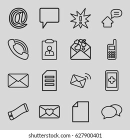 Message icons set. set of 16 message outline icons such as chat, love letter, call, phone, mail, home message, paper, exclamation, wavy phone, at mail, hand on smartphone