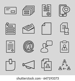 Message icons set. set of 16 message outline icons such as chatting man, pointing on document, resume, megaphone, paper, phone with heart, glued note, paper pin, letter