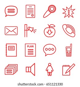 Message icons set. set of 16 message outline icons such as old phone, call, notebook, megaphone, chat, bill of house, door knob, plan, notepad, apple download, exclamation