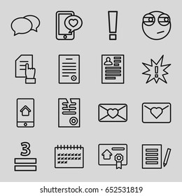 Message icons set. set of 16 message outline icons such as chat, resume, pointing on document, paper, calendar, 3 allowed, love letter, phone with heart, home on phone display