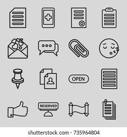 Message icons set. set of 16 message outline icons such as document, resume, paper, love letter, thumb up, pin, reserved, open, chat, manuscript, sleeping emot, check list