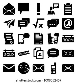 Message icons. set of 25 editable filled message icons such as mail, resume, square root, sleeping emot, check list, love letter, chat, man with chat bubblle, envelope