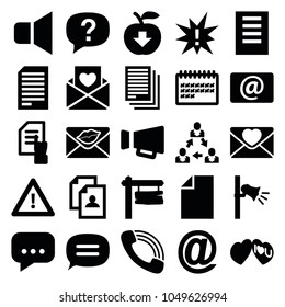 Message icons. set of 25 editable filled message icons such as pointing on document, resume, direction board, calendar, apple download, exclamation, warning, love letter