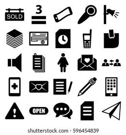 message icons set. Set of 25 message filled icons such as paper airplane, 3 allowed, document, paper, love letter, chat, old phone, pen, megaphone, glued note, sold tag, open