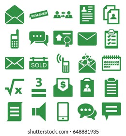 Message icons set. set of 25 message filled icons such as resume, calendar, 3 allowed, love letter, phone, chat, envelope, megaphone, mail, sold tag, bill of house sell