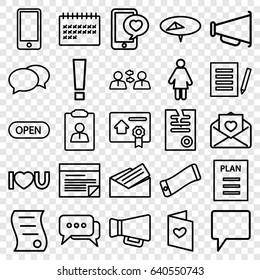 Message icons set. set of 25 message outline icons such as chat, paper, calendar, love letter, phone with heart, i love you, megaphone, phone, letter, bill of house sell, open