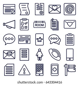 Message icons set. set of 25 message outline icons such as poker on phone, megaphone, paper, direction board, document, love letter, phone, chat, call, at email, room tag