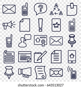 Message icons set. set of 25 message outline icons such as poker on phone, phone, chatting man, love letter, old phone, pin, notebook, glued note, paper, mail, paper pin
