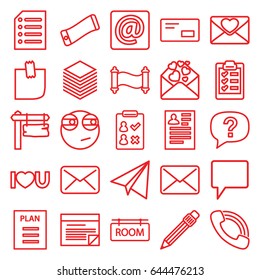 Message icons set. set of 25 message outline icons such as paper airplane, resume, direction board, love letter, i love you, chat, call, pen, glued note, paper, at email