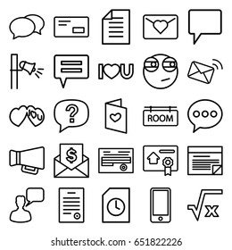 Message icons set. set of 25 message outline icons such as chat, chatting man, document, love letter, i love you, megaphone, paper, phone, room tag, bill of house sell