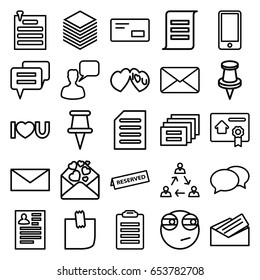 Message icons set. set of 25 message outline icons such as chat, chatting man, mail, resume, love letter, i love you, pin, document, glued note, paper, phone, paper pin