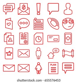 Message icons set. set of 25 message outline icons such as poker on phone, mail, resume, paper, love letter, chat, call, paper pin, home message, plan, envelop, manuscript