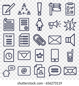 Message icons set. set of 25 message outline icons such as poker on phone, document, resume, direction board, love letter, phone, old phone, email, notebook, megaphone, mail