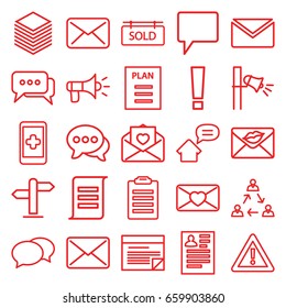 Message icons set. set of 25 message outline icons such as chat, resume, warning, love letter, megaphone, paper, sold tag, home message, plan, direction, mail, check list