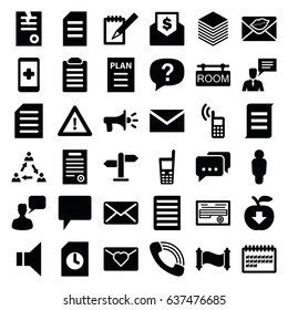Message icons set. set of 36 message filled icons such as chatting man, mail, paper, calendar, warning, document, love letter, chat, man with chat bubblle, old phone, call