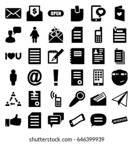 Message icons set. set of 36 message filled icons such as paper airplane, phone, chatting man, document, resume, paper, rolling eyes emoji, phone with heart, love letter