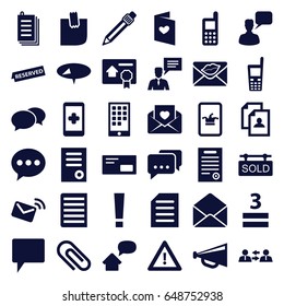 Message icons set. set of 36 message filled icons such as poker on phone, chat, phone, chatting man, document, resume, megaphone, warning, 3 allowed, paper, love letter