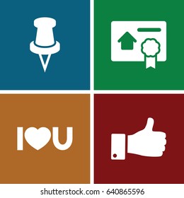 Message icons set. set of 4 message filled icons such as i love you, thumb up, pin