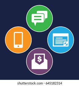 Message icons set. set of 4 message filled icons such as phone, plan, chat