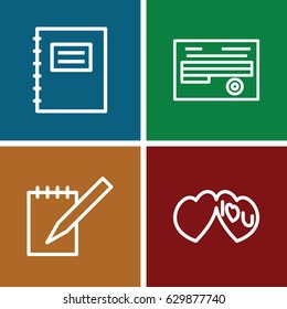 Message icons set. set of 4 message outline icons such as document, i love you, notebook