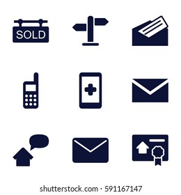 message icons set. Set of 9 message filled icons such as mail, phone, letter, sold tag, bill of house sell, home message, direction