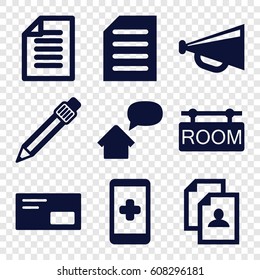 Message icons set. set of 9 message filled icons such as resume, megaphone, pen, document, paper, room tag, home message, envelop