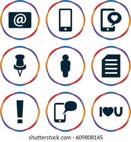 Message icons set. set of 9 message filled icons such as phone with heart, I love you, pin, email, document, phone, message on phone, user