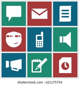Message icons set. set of 9 message filled icons such as phone, mail, rolling eyes emoji, chat, megaphone, notebook