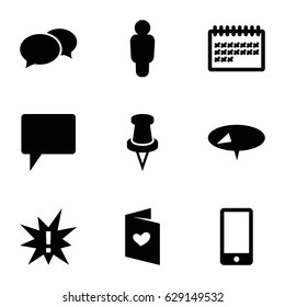 Message icons set. set of 9 message filled icons such as chat, calendar, love letter, pin, phone, exclamation