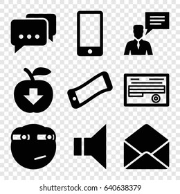 Message icons set. set of 9 message filled icons such as rolling eyes emoji, document, man with chat bubblle, envelope, megaphone, phone, message, apple download