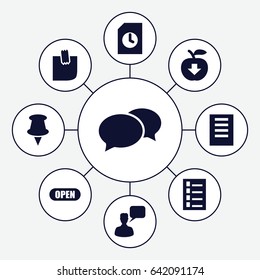 Message icons set. set of 9 message filled icons such as document, chat, chatting man, glued note, open, apple download