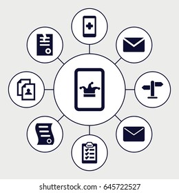 Message icons set. set of 9 message filled icons such as poker on phone, resume, paper, bill of house sell, clipboard, direction, mail