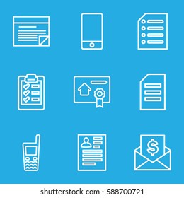 message icons set. Set of 9 message outline icons such as resume, phone, old phone, paper, bill of house sell, clipboard, plan