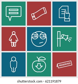 Message icons set. set of 9 message outline icons such as pointing on document, megaphone, reserved, rolling eyes emoji, apple download, wavy phone, user, woman