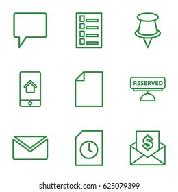 Message icons set. set of 9 message outline icons such as document, chat, home on phone display, reserved, mail, pin, envelope with dollar bill