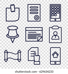 Message icons set. set of 9 message outline icons such as document, pointing on document, glued note, home on phone display, plan, calendar on phone, manuscript, pin