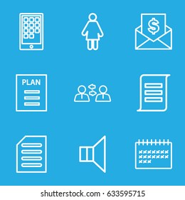 Message icons set. set of 9 message outline icons such as calendar, megaphone, document, plan, calendar on phone, envelope with dollar bill, woman