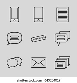 Message icons set. set of 9 message outline icons such as chat, phone, document, reserved, mail