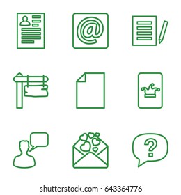Message icons set. set of 9 message outline icons such as poker on phone, chatting man, resume, direction board, love letter, at email, document, exclamation