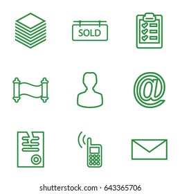 Message icons set. set of 9 message outline icons such as mail, paper, sold tag, clipboard, phone, manuscript, user