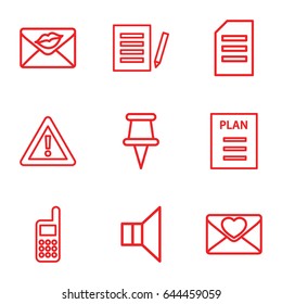 Message icons set. set of 9 message outline icons such as warning, love letter, megaphone, pin, phone, plan, paper