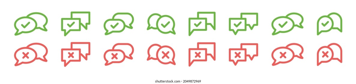 Nachrichtensymbole gesetzt. Genehmigte und missbilligte Symbol auf Sprachblase. Konversationskonzept