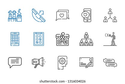 message icons set. Collection of message with chat, postcard, thinking, megaphone, advertising, networking, open, tasks, smartphone, network. Editable and scalable message icons.
