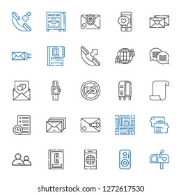 message icons set. Collection of message with mailbox, speaker, smartphone, phone book, user, chat, qr code, email, planning, paper, letterbox. Editable and scalable message icons.