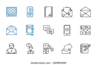 message icons set. Collection of message with notebook, outbox, smartphone, thinking, user, chat, email, envelope, speaker, watercolor. Editable and scalable message icons.