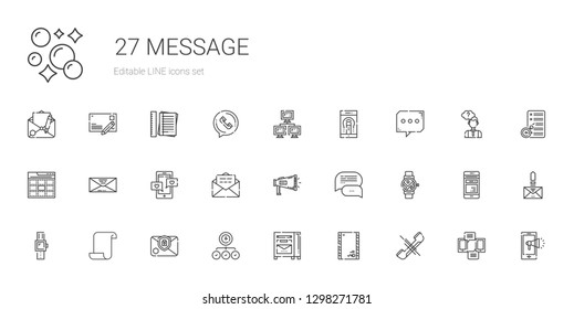 message icons set. Collection of message with phone, envelope, mailbox, task, email, paper, smartwatch, chat, megaphone, web, smartphone. Editable and scalable message icons.
